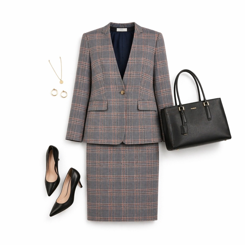 Calvin Klein Plaid Skirt Suit Set Size L Blazer & Pencil Skirt Career Classic